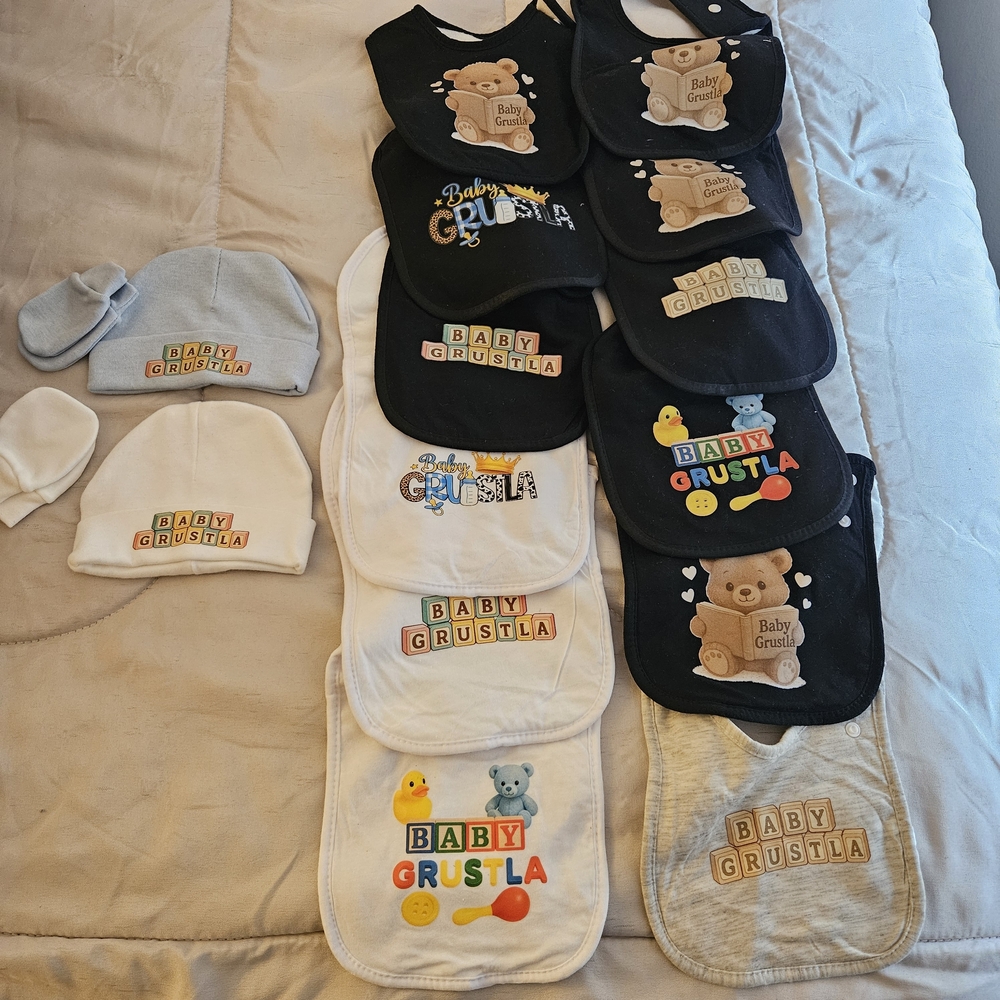Gerber Baby Bib,Hat, Onesie BUNDLE - Black, White, Gray, Blue
